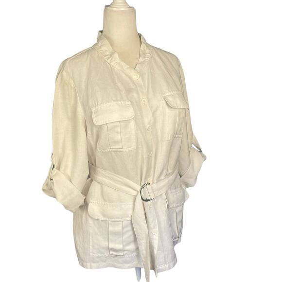Calvin Klein White Linen Blend Belted Button Front Top Jacket Roll Tab Sleeve 0X - Picture 1 of 7